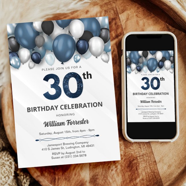 Convite para aniversário de 30 anos preto e branco (Blue Silver Black & White 30th Birthday Invitation)