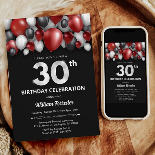 Convite para aniversário de 30 anos preto Red Silv (Black Red Silver & White 30th Birthday Invitation)