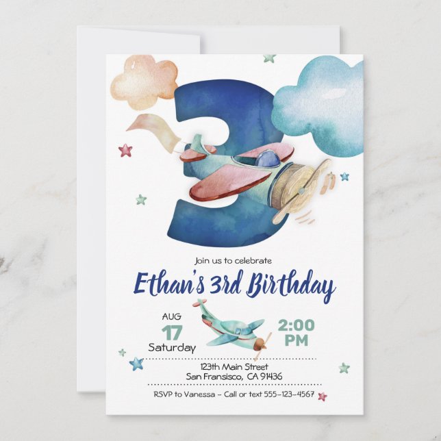 Convite para aniversário de 3 anos de avião - Tema (Frente)