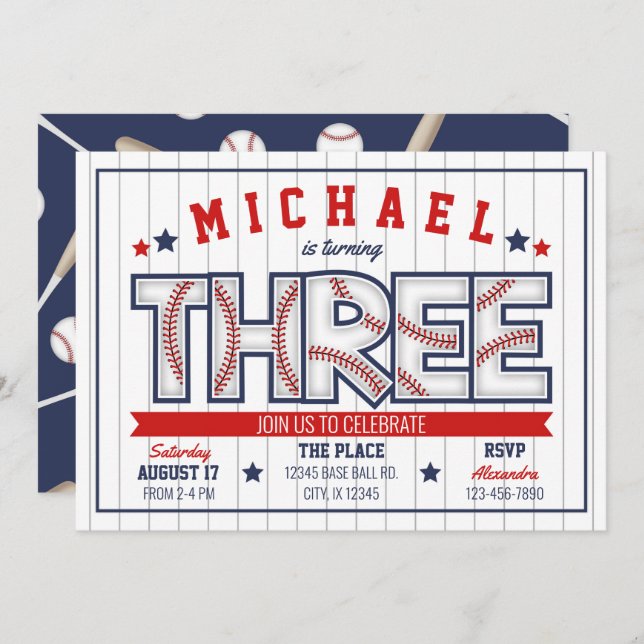 Convite para aniversário de 3 anos de Baseball (Frente/Verso)