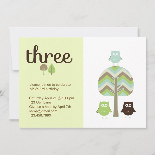 Convite para aniversário de 3 anos de Coruja (Frente)