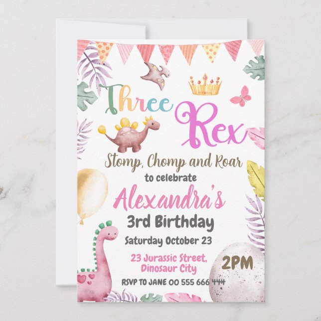 Convite para aniversário de 3 anos de Dinossauro T (Frente)