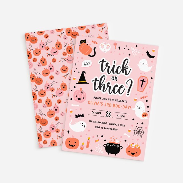Convite para aniversário de 3 anos do Dia das Brux (Pink and Orange Halloween 3rd Birthday Invitation )