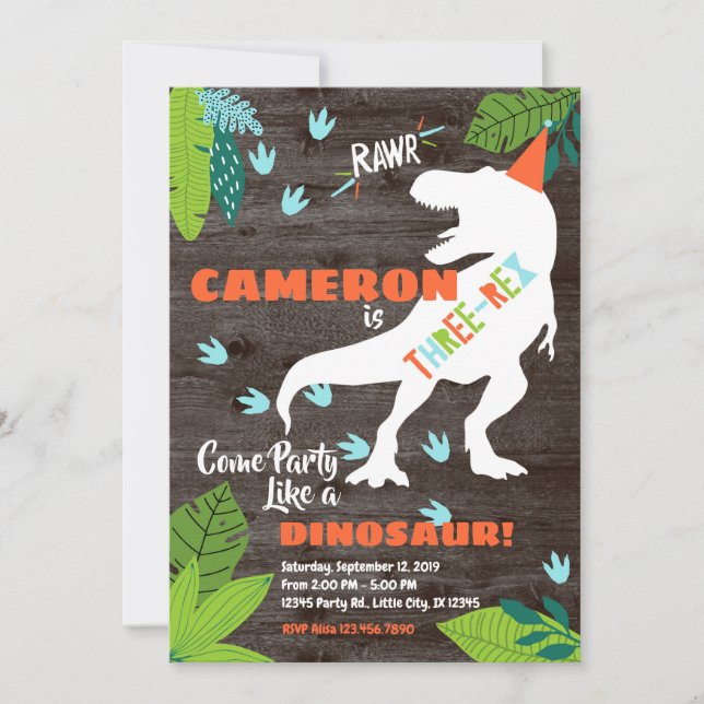 Convite para aniversário de 3 anos do Dinossauro T (Frente)