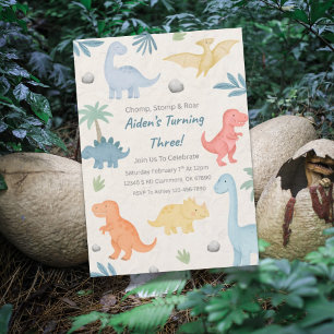 Convite para aniversário de 3 anos Rex Dinossaur