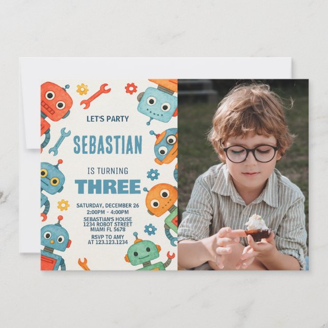 Convite para aniversário de 3 anos robô com foto (Frente)