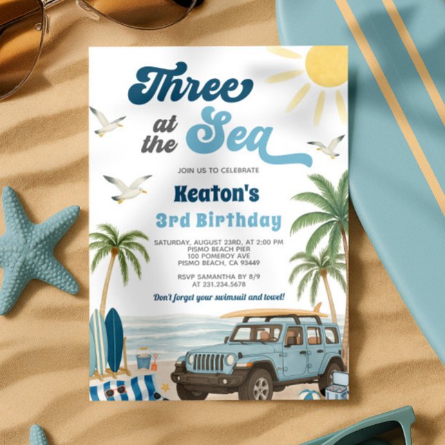 Convite para aniversário de 3 anos surf - Três no  (Surf 3rd Birthday Invitation - Three at the Sea
)