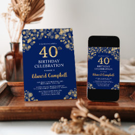 Convite para aniversário de 40 anos Azul e Dourado