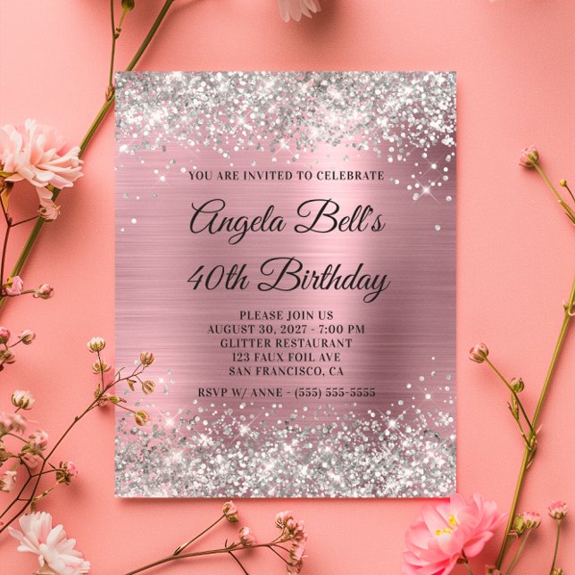 Convite para aniversário de 40 anos cor-de-rosa co (Budget Silver Glitter Pink 40th Birthday Invite)