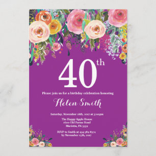 Convite para aniversário de 40 anos de Floral Roxo