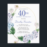 Convite para aniversário de 40 anos de Hydrangea R<br><div class="desc">Flores de hydrangea azuis e rosas escamosas decoram uma estrutura oval dourada. Uma botânica moderna,  aberta e arejada.</div>