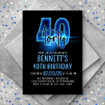 Convite para aniversário de 40 anos de Neon Azul<br><div class="desc">Acenda as luzes na festa perfeita para ele com este design de aniversário neon. Apresentando números negros e scripts oscilando com a luz, este convite é tão legal quanto chamativo. O brilho azul elétrico dá ao design uma vibração urbana suja que é perfeita para o seu filho ou adolescente, seja...</div>