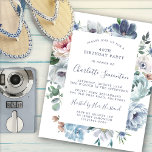 Convite para aniversário de 40 anos Floral Azul Du<br><div class="desc">Rosas azuis empoeirados e flores silvestres decoram um bonito convite de aniversário. A caligrafia moderna acrescenta ao Boho Vibe.</div>