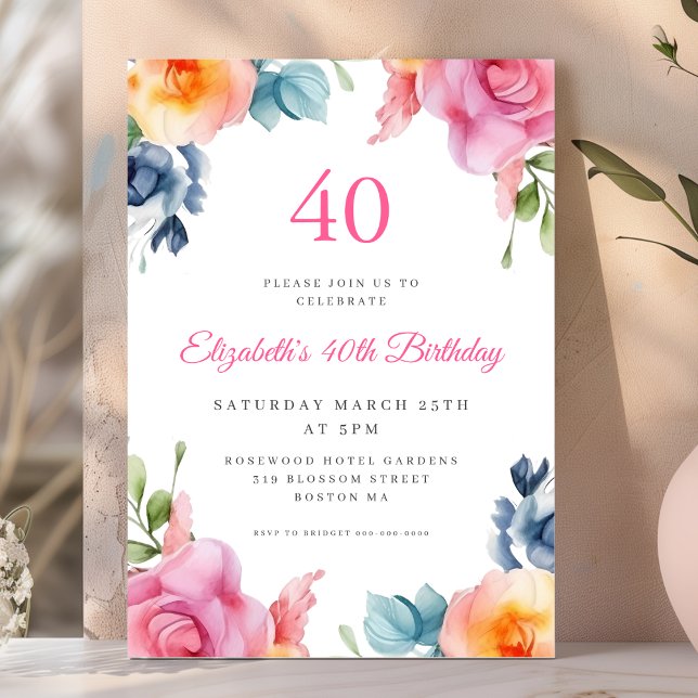 Convite para aniversário de 40 anos Floral Brilhan (Criador carregado)