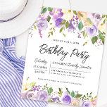 Convite para aniversário de 40 anos Floral Roxo de<br><div class="desc">Honra uma mulher especial com este convite de aniversário elegante e feminino. Os detalhes da comemoração de aniversário estão cercados por cima e por baixo, bordas florais roxas. Os elementos florais estão aninhados em folhas verdes profundas. Enquanto é um design tradicional, a folhagem botânica aberta e arejada e o texto...</div>