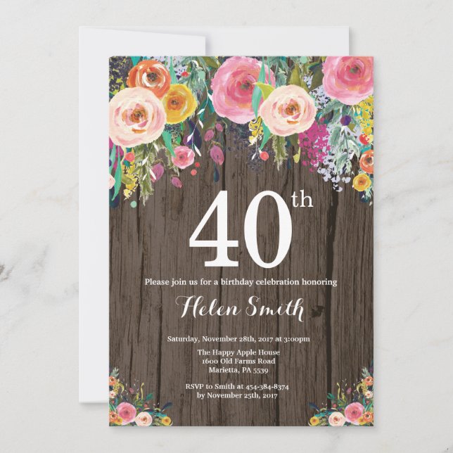 Convite para aniversário de 40 anos Floral Rustic (Frente)