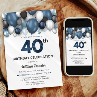 Convite para aniversário de 40 anos preto e branco