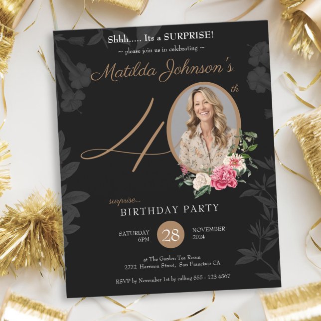Convite para aniversário de 40 anos surpresa (Surprise Black 40th Birthday Invitation)