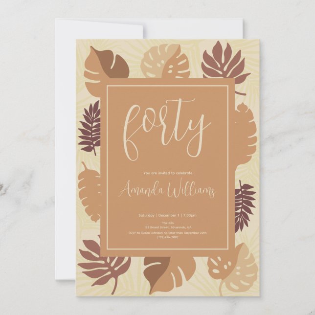 Convite para aniversário de 40 anos Tropical Boho (Frente)