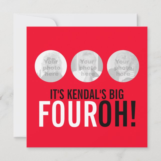 Convite para aniversário de 40 fotos FOUROH!, verm (Frente)