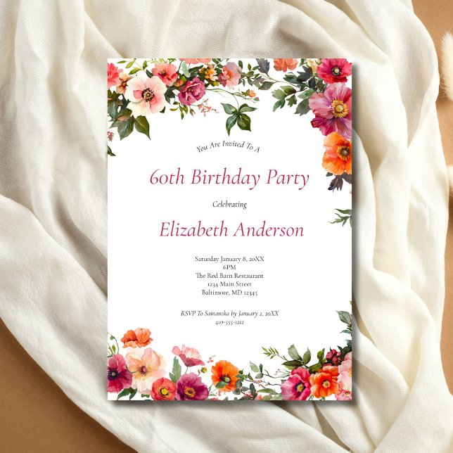 Convite para Aniversário de 60 anos com Florais Ro (Red Pink Watercolor Florals 60th Birthday invitation for her. Printed or Digital Download)
