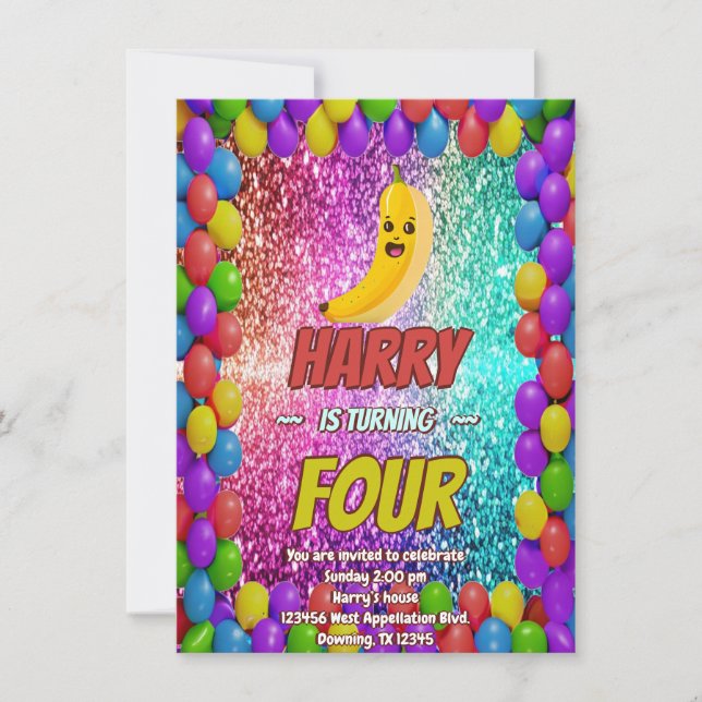 Convite para aniversário de animação de Banana par (Frente)