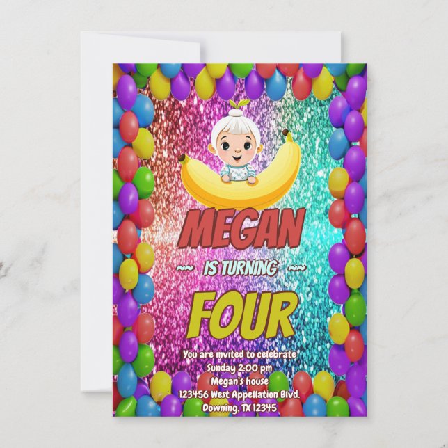 Convite para aniversário de animação de Banana par (Frente)