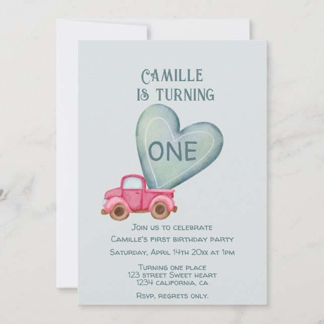 Convite para aniversário de caminhão e coração cor (Frente)