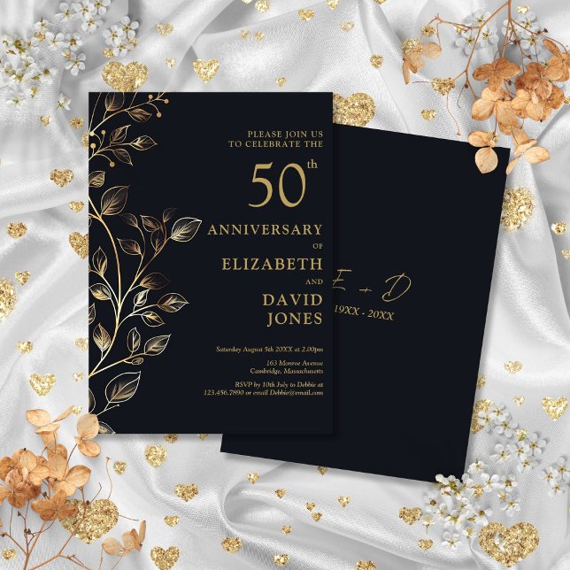 Convite para aniversário de casamento do Ouro 50 (Elegant Golden 50th Wedding Anniversary Invitation)