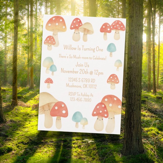 Convite para Aniversário de criança de Cogumelo de (Whimsical watercolor mushroom birthday invitation design )