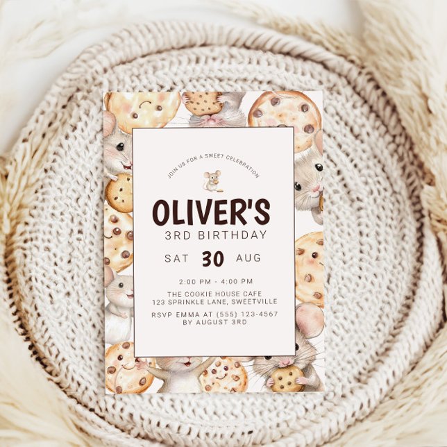 Convite para Aniversário de criança de Cookie e mo (Sweet Cookie Mouse Theme Kid Birthday Invitation)