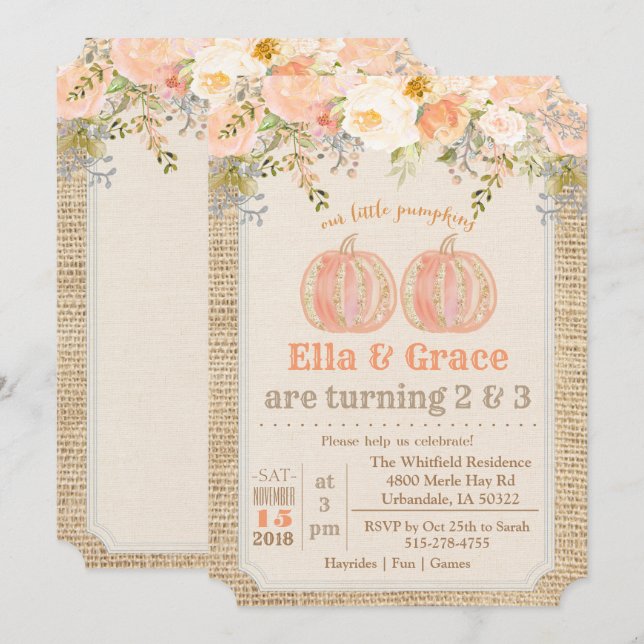 Convite para Aniversário de Dois Gêmeos no outono (Frente/Verso)