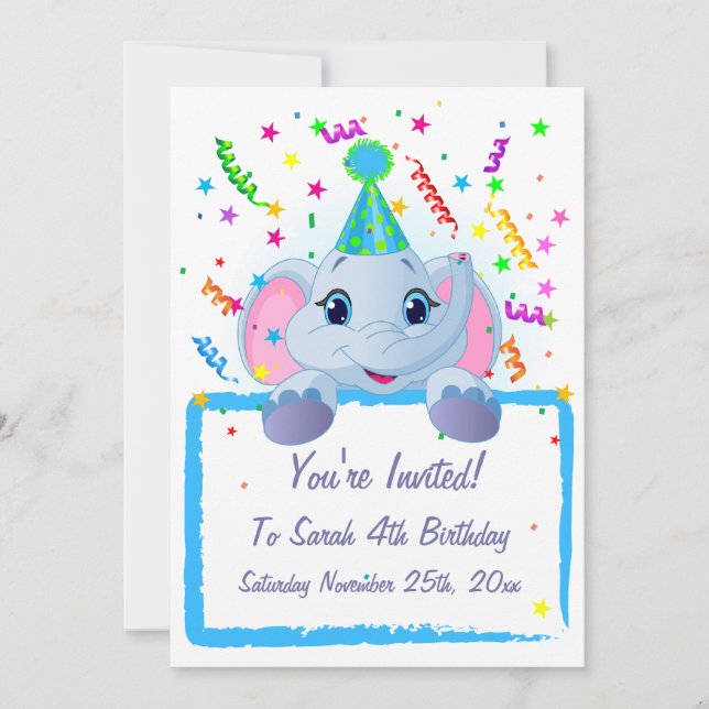 Convite para Aniversário de Elefante Bonito (Frente)