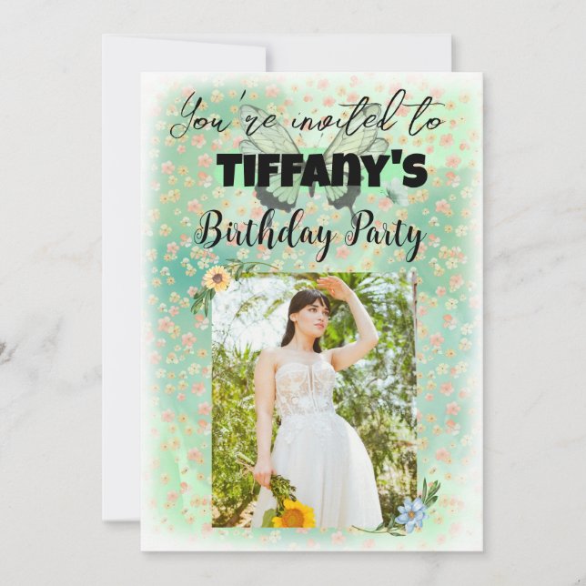 Convite para aniversário de flores e borboletas (Frente)