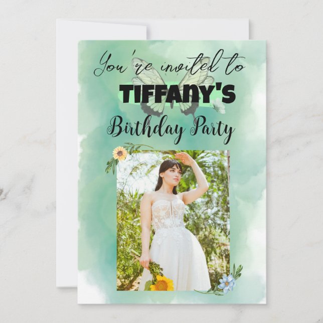 Convite para aniversário de flores e borboletas (Frente)