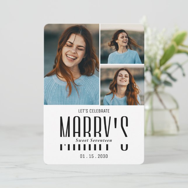 Convite para aniversário de fotos minimalista mode (Em pé/Frente)