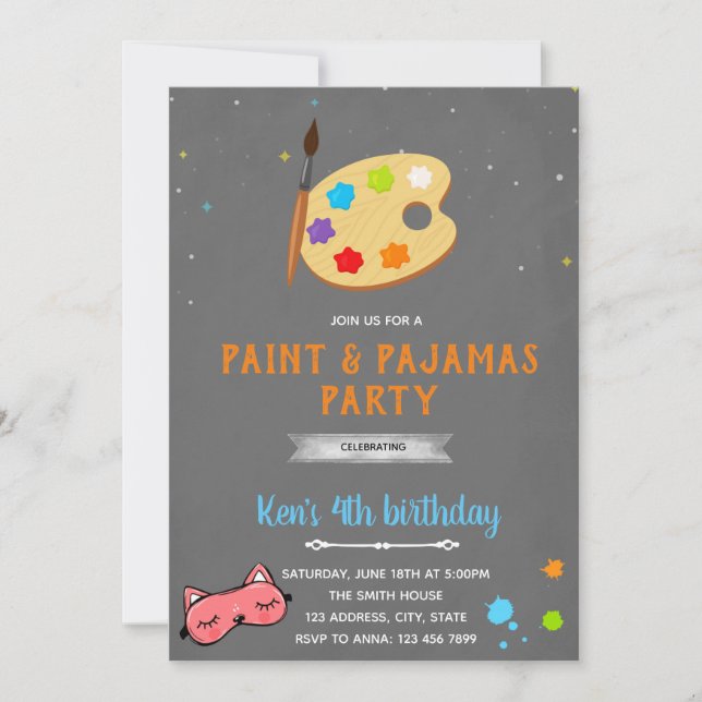 Convite para aniversário de pijamas e pintura (Frente)
