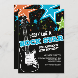 Convite para aniversário de violão azul Rockstar