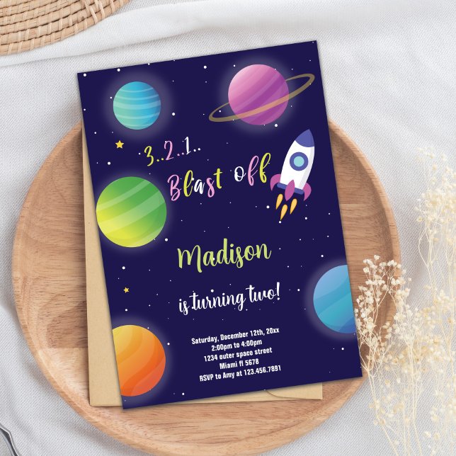 Convite para Aniversário do Espaço Exterior do Fog (Purple Rocket Outer Space Birthday Invitations)