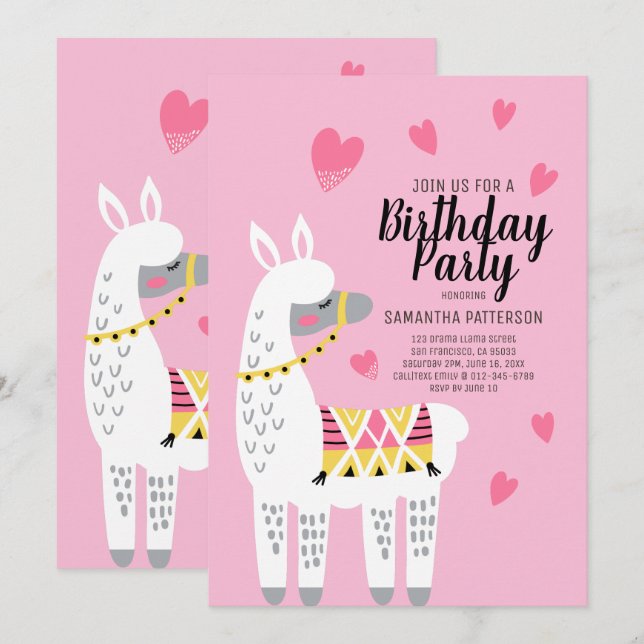 Convite para Aniversário do Modern Cute Llama (Frente/Verso)