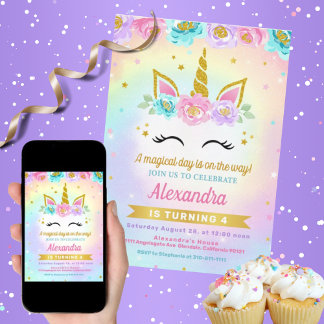 Convite para Aniversários de criança Unicorn e Ros