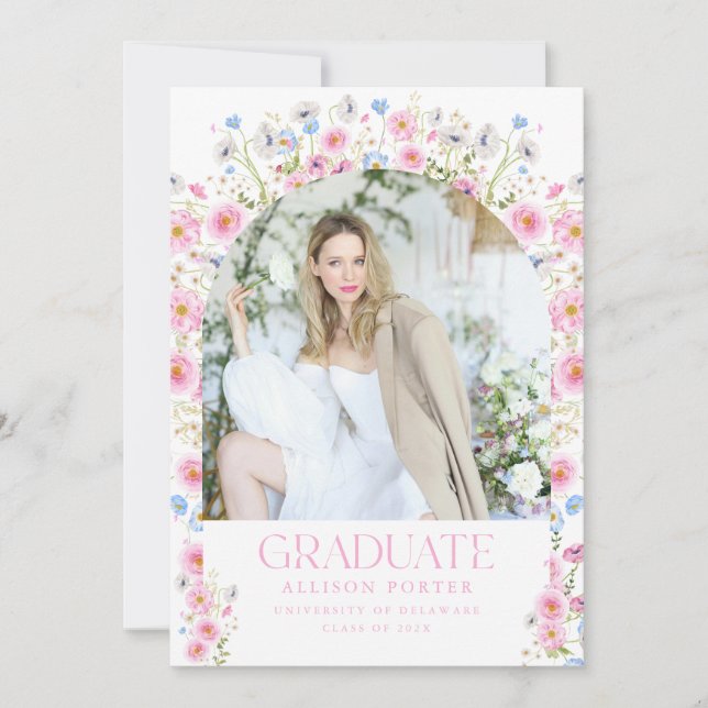 Convite para Anúncio de Graduação Floral Rosa (Frente)