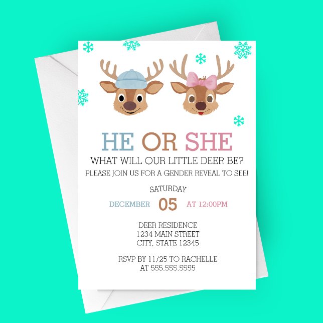 Convite para apresentação de relatórios sobre o gê (Little Deer Be, Winter Themed Gender Reveal Party Invitation)