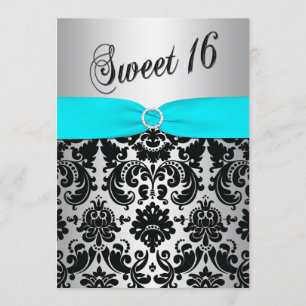 Convite para Aqua, Prata e Black Damask Sweet 16