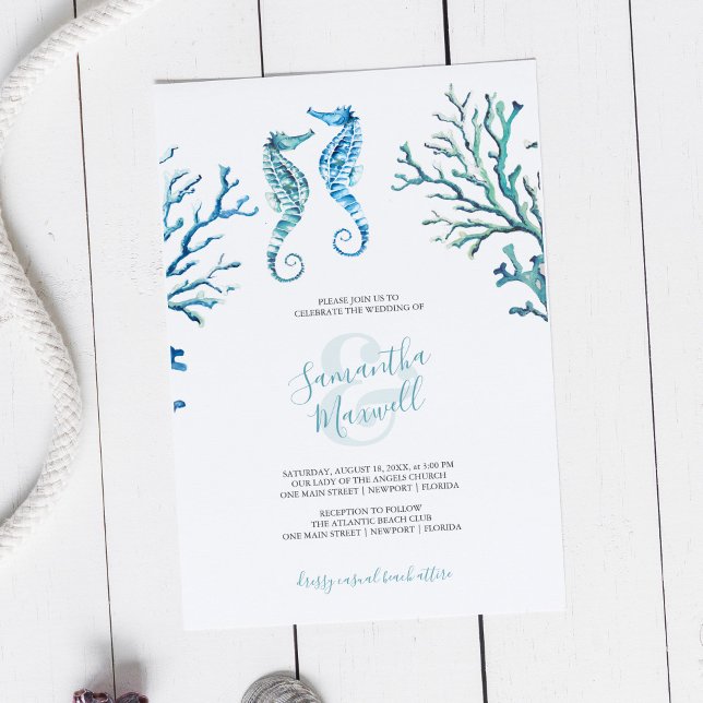 Convite para Aquarelas Azuis Turquesa Casual (Beach wedding invitation unique seahorse watercolor art by Victoria Grigaliunas)
