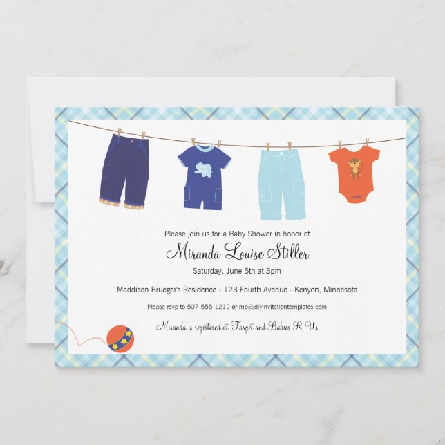 Convite para Baby Clothesline - Menino (Frente)