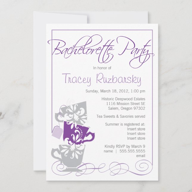 Convite para Bachelorette - Chá| Roxo e Cinzas (Frente)
