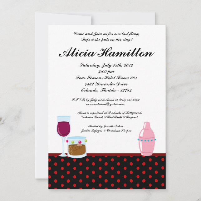 Convite para Bachelorette Red Cocktails 5x7 (Frente)