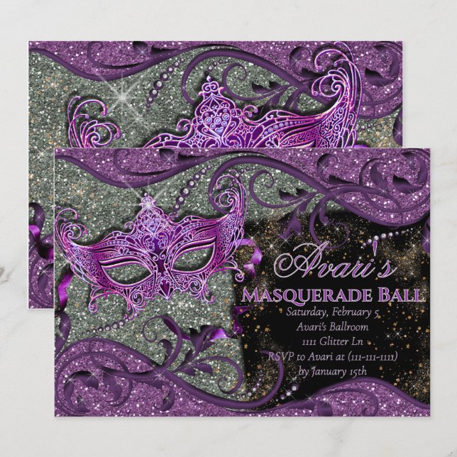 Convite para Baile de Máscaras Roxo, Mardi Gras (Frente/Verso)