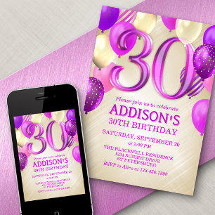 Convite para balões cor-de-rosa aniversário de 30
